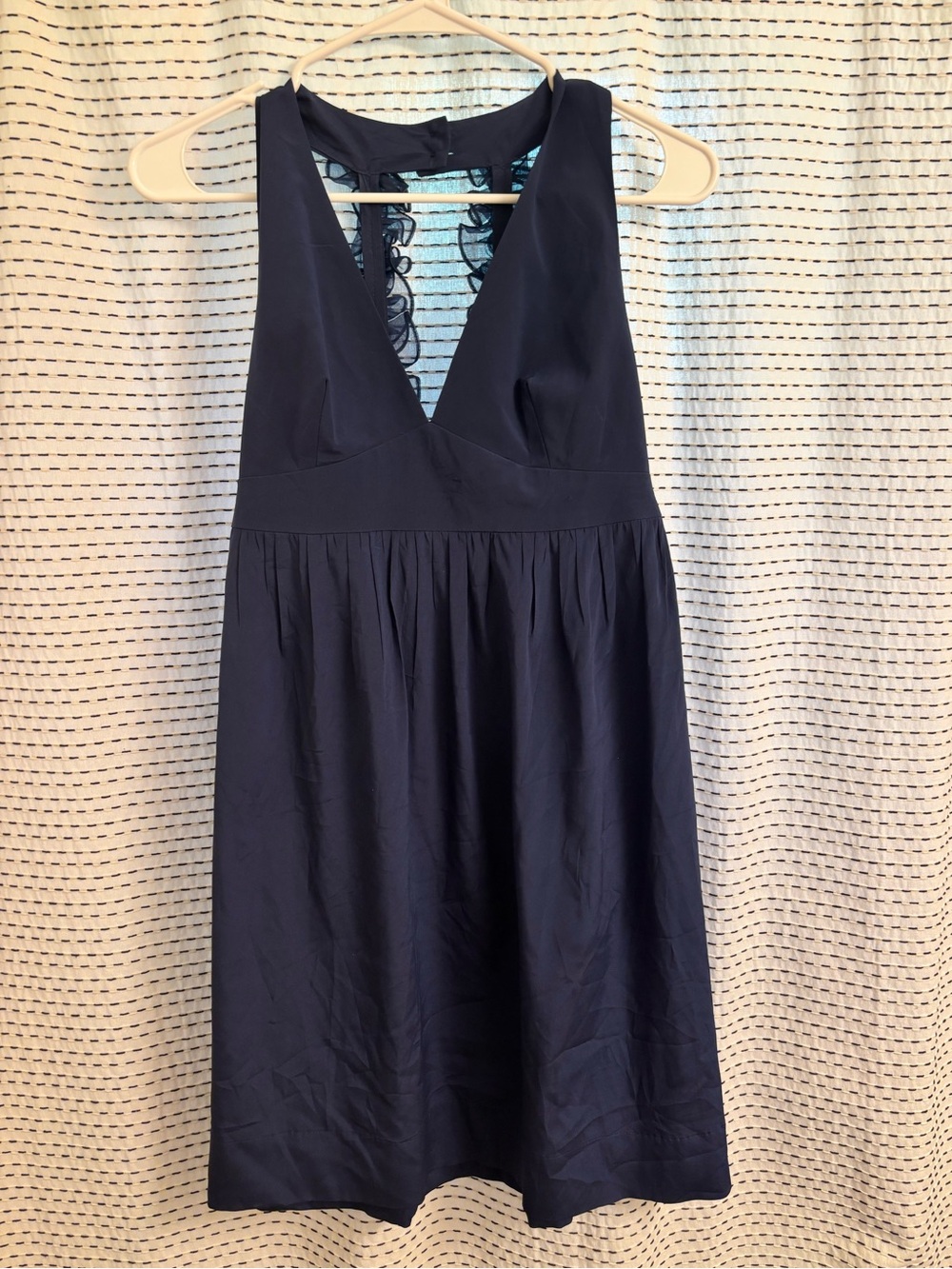 Amanda Uprichard 100% Silk Navy V-Neck Sleeveless Dress with Ruffle Back